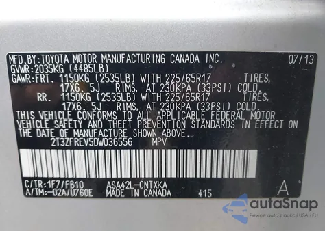 2013 Toyota Rav4 Le from USA, damaged, VIN 2T3ZFREV5DW036556